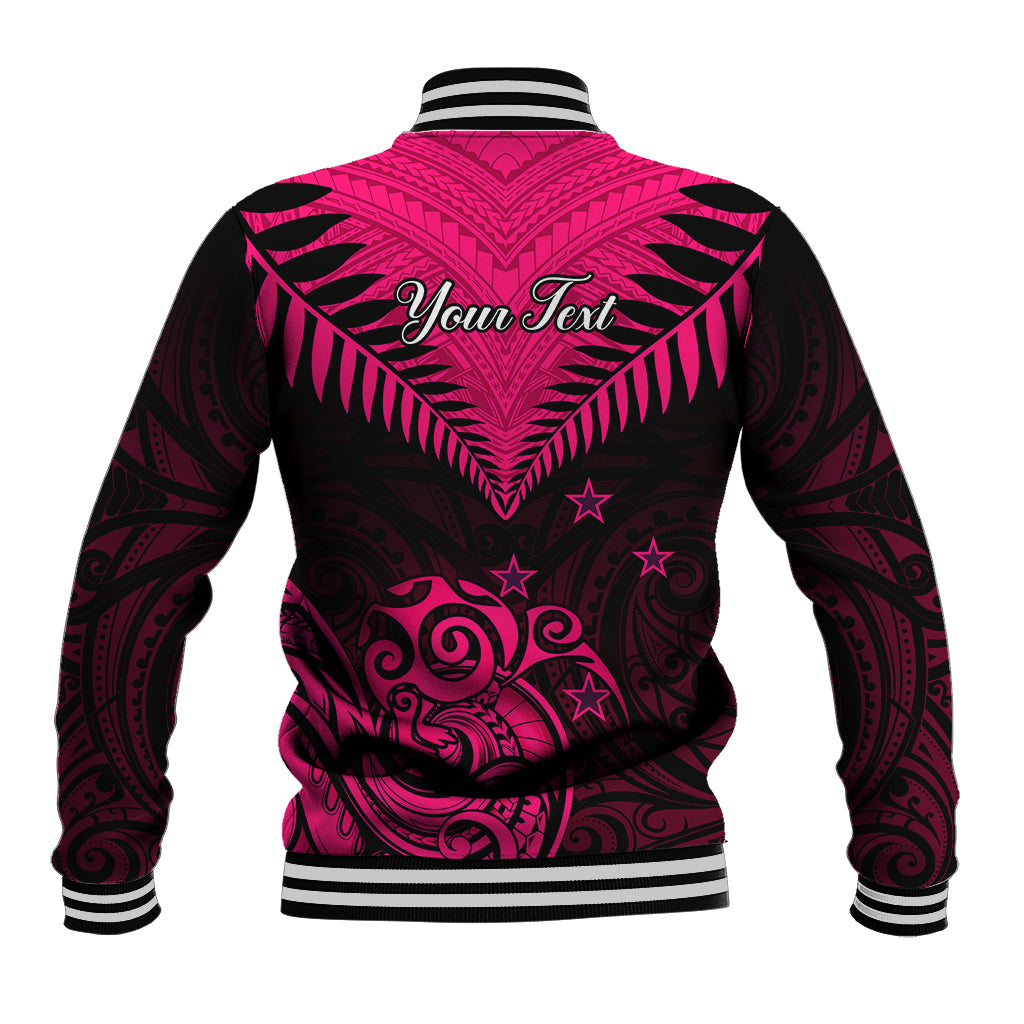 Pink and black tribal-pattern baseball jacket, back shows 'Your Text' and striped rib trim