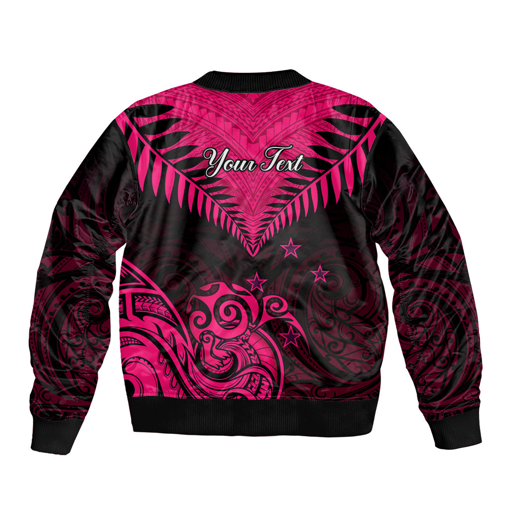 Pink and black patterned bomber jacket with ribbed collar, cuffs, and bold back design