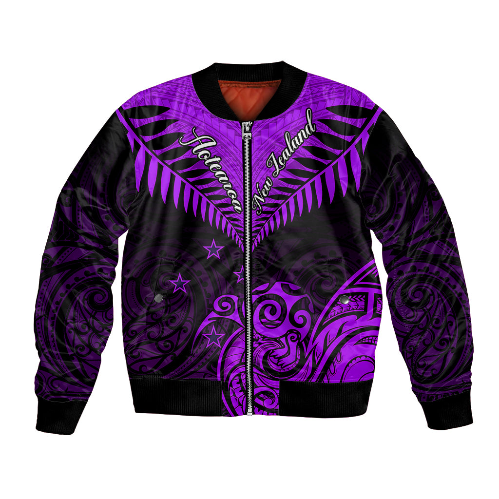 Purple and black bomber jacket with front zipper and Maori-inspired kiwi/fern graphics