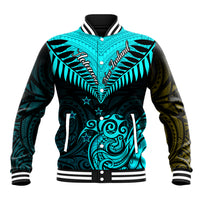 Turquoise and black personalized baseball jacket with ribbed collar and tribal fern pattern