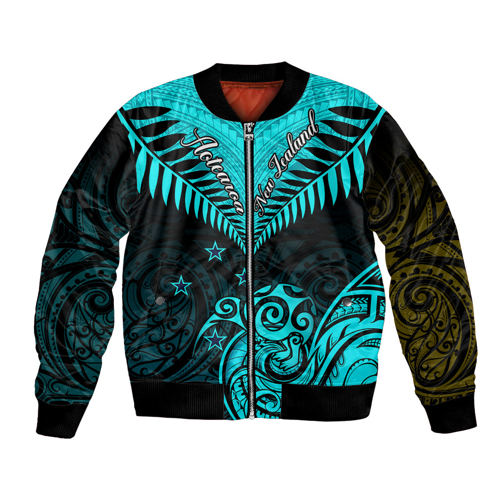 Unisex bomber jacket with turquoise and black Maori-style tribal pattern, full zip front