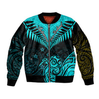 Unisex bomber jacket with turquoise and black Maori-style tribal pattern, full zip front