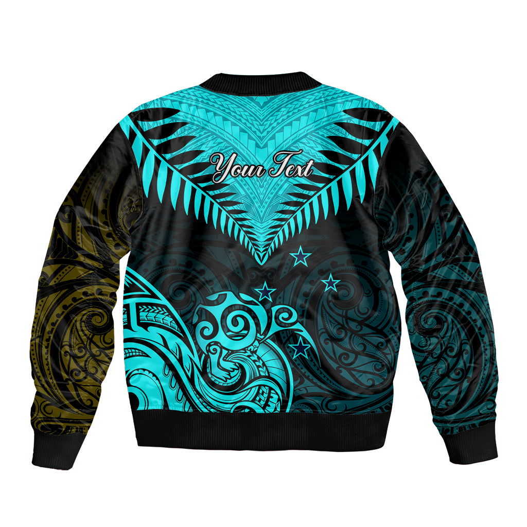 Unisex bomber jacket, back design with 'Your Text', turquoise feather and tribal motifs
