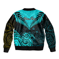 Unisex bomber jacket, back design with 'Your Text', turquoise feather and tribal motifs