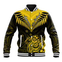 Yellow and black baseball jacket with Maori-style kiwi, fern, and tribal patterns
