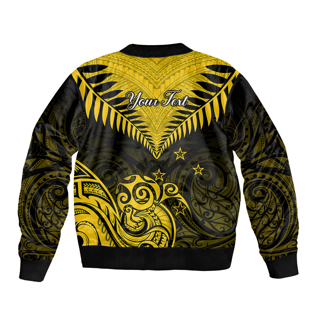 Yellow and black bomber jacket with back Maori kiwi fern graphic and ribbed hem