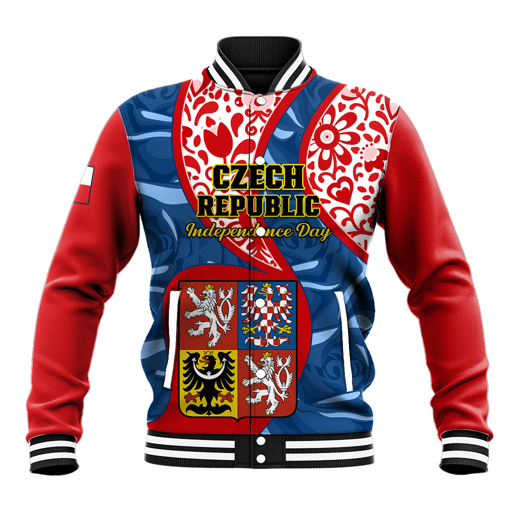 Red and blue baseball jacket with striped collar, Czech Republic emblem and crest patch