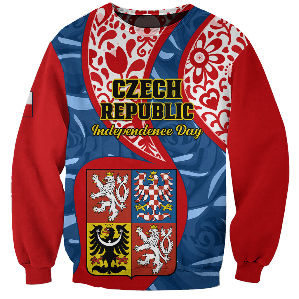 Red and blue unisex sweatshirt with Czech Independence Day text and coat-of-arms emblem