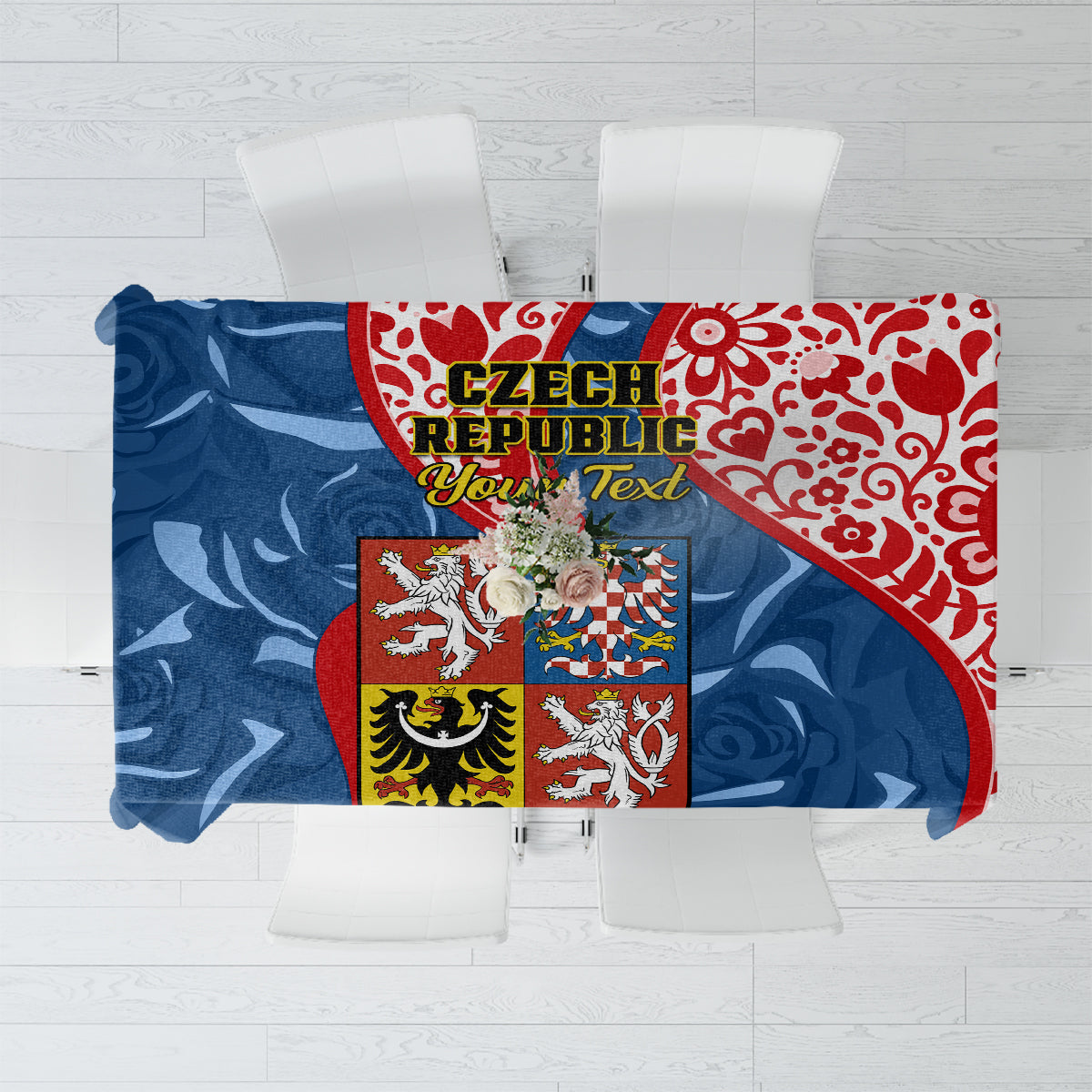 Decorative tablecloth with Czech coat of arms and red-blue ornamental design
