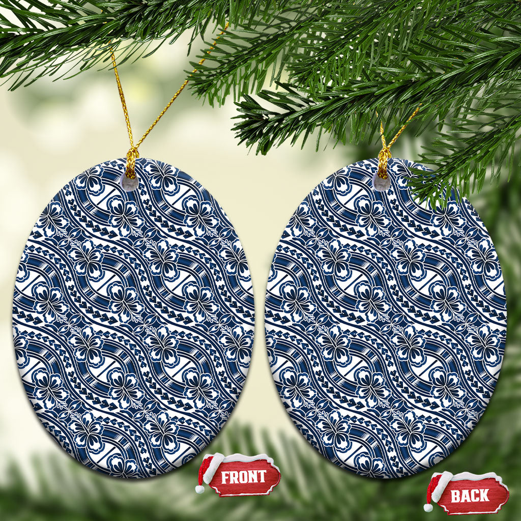 Hibiscus Bloom Island Tribal Waves Ceramic Ornament Blue Polynesian Pattern