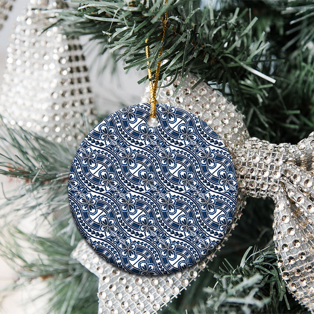 Hibiscus Bloom Island Tribal Waves Ceramic Ornament Blue Polynesian Pattern