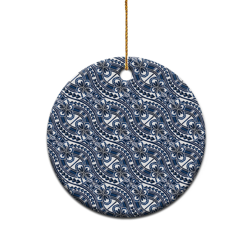 Hibiscus Bloom Island Tribal Waves Ceramic Ornament Blue Polynesian Pattern