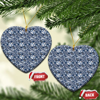Hibiscus Bloom Island Tribal Waves Ceramic Ornament Blue Polynesian Pattern