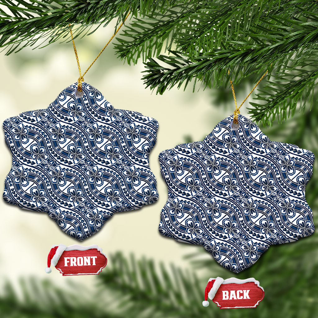 Hibiscus Bloom Island Tribal Waves Ceramic Ornament Blue Polynesian Pattern