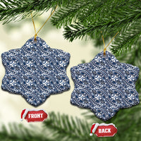 Hibiscus Bloom Island Tribal Waves Ceramic Ornament Blue Polynesian Pattern