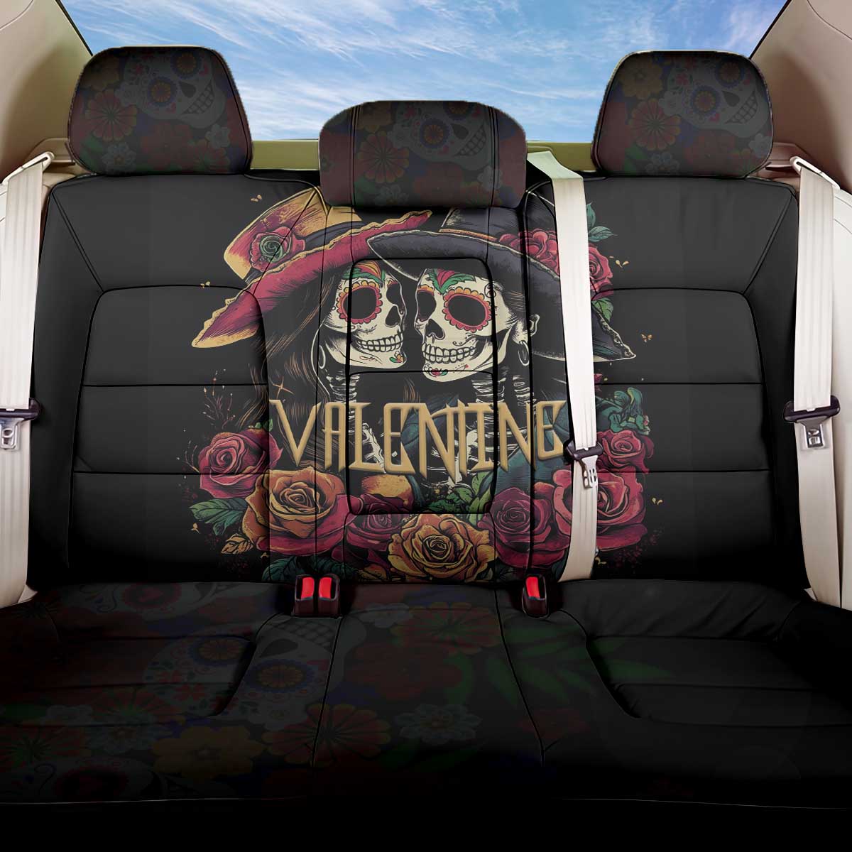 Sugar Skull Couple Valentine Back Car Seat Cover Roses Romantic Love