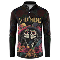 Black button-up sweatshirt with 'VALENTINE' print, sugar skull couple and roses graphic.