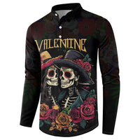 Black button-up sweatshirt with 'VALENTINE' text, sugar skull couple and roses graphic.