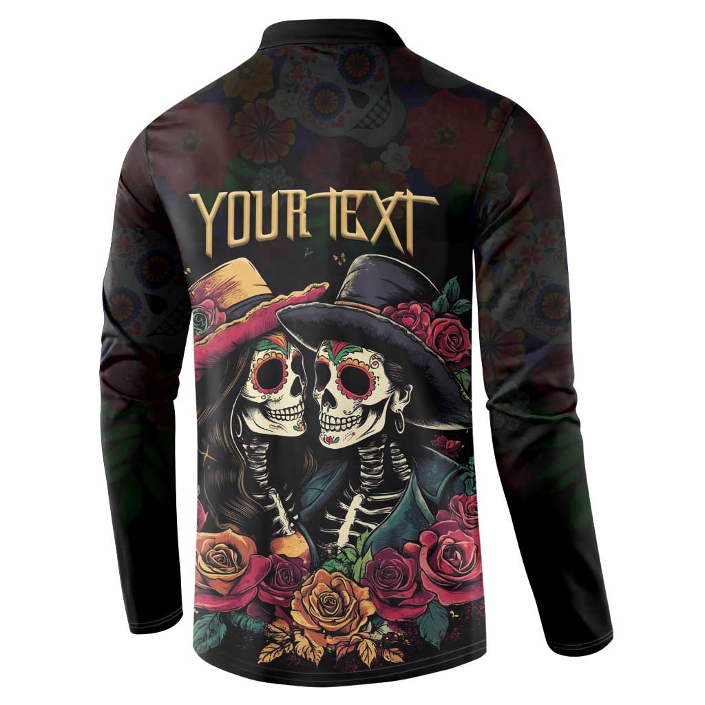 Black button-up sweatshirt back with 'YOUR TEXT', sugar skull couple and roses graphic.