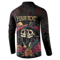 Black button-up sweatshirt back with 'YOUR TEXT', sugar skull couple and roses graphic.