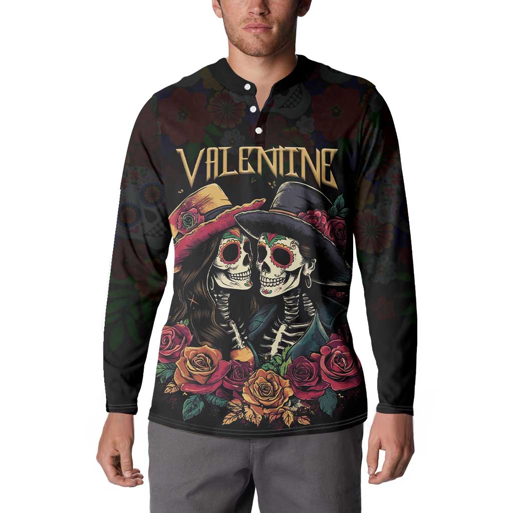 Black button-up sweatshirt on model, 'VALENTINE' sugar skull couple and roses graphic.