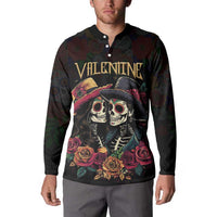 Black button-up sweatshirt on model, 'VALENTINE' sugar skull couple and roses graphic.