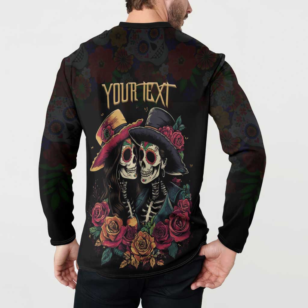 Black button-up sweatshirt on model, 'YOUR TEXT' sugar skull couple and roses graphic.