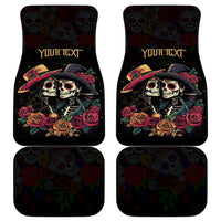 Set of four black car mats with sugar skull couple and roses graphic