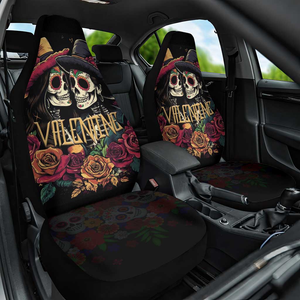 Sugar Skull Couple Valentine Car Seat Cover Roses Romantic Love