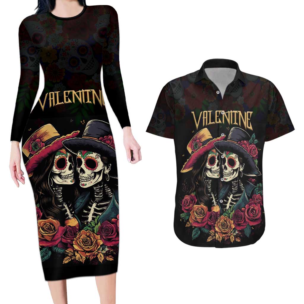 Personalised Sugar Skull Couple Valentine Couples Matching Long Sleeve Bodycon Dress and Hawaiian Shirt Roses Romantic Love