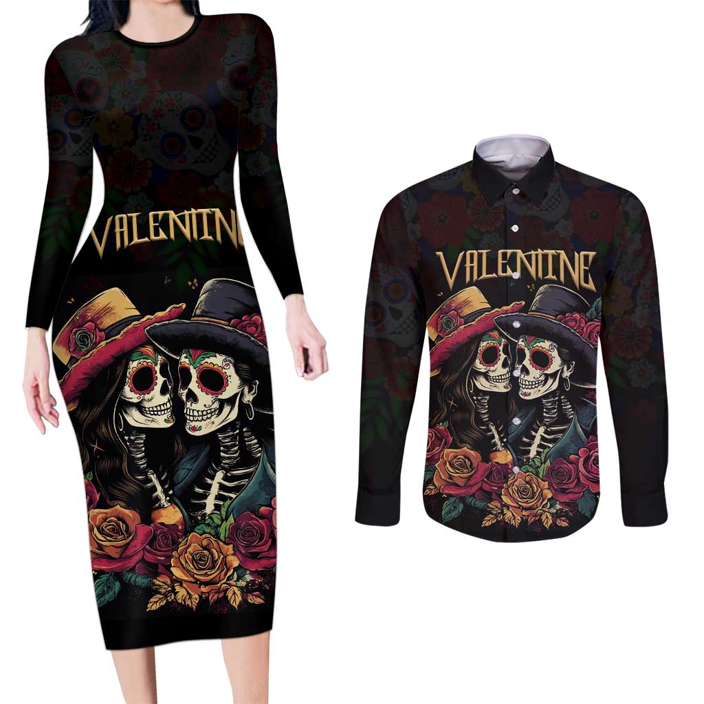 Personalised Sugar Skull Couple Valentine Couples Matching Long Sleeve Bodycon Dress and Long Sleeve Button Shirt Roses Romantic Love