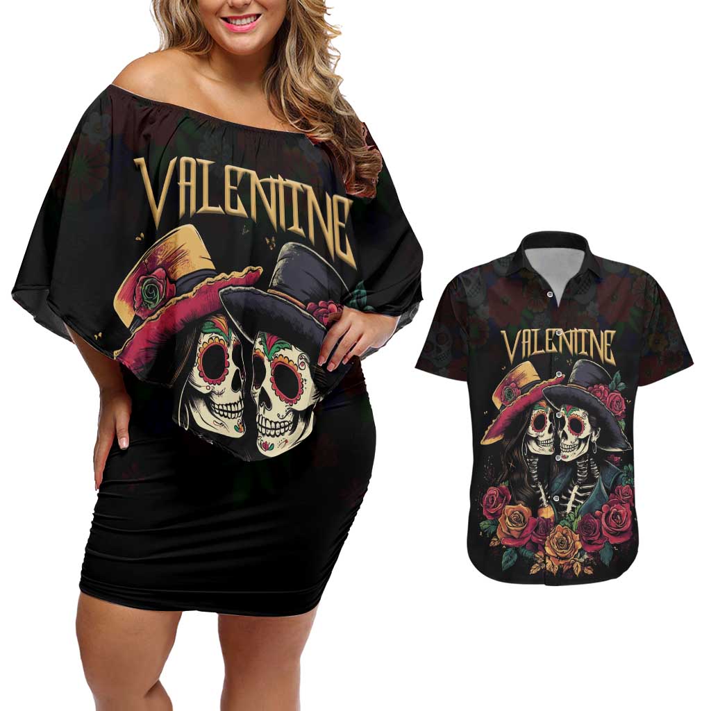 Personalised Sugar Skull Couple Valentine Couples Matching Off Shoulder Short Dress and Hawaiian Shirt Roses Romantic Love