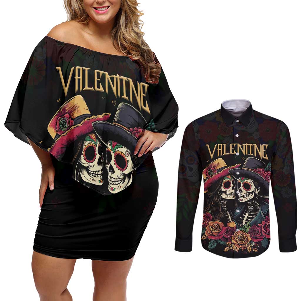 Personalised Sugar Skull Couple Valentine Couples Matching Off Shoulder Short Dress and Long Sleeve Button Shirt Roses Romantic Love