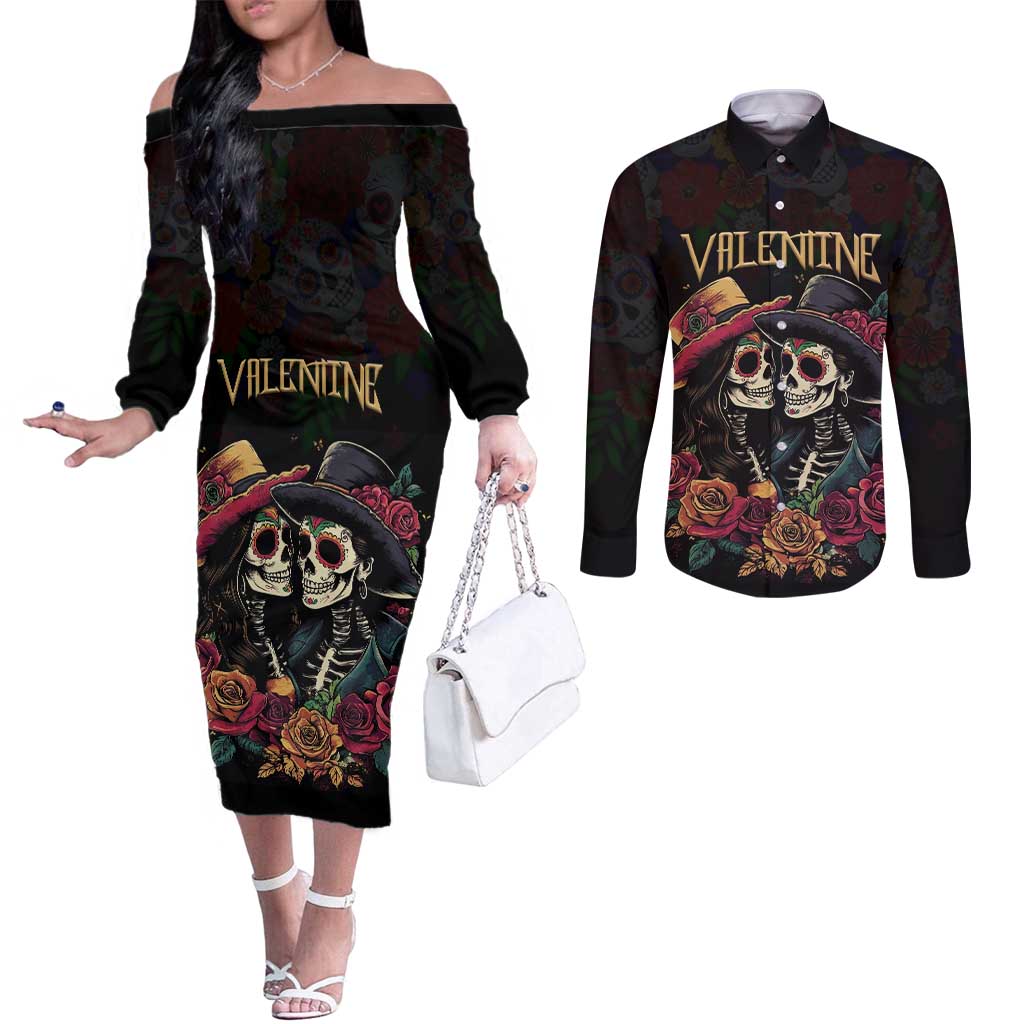 Personalised Sugar Skull Couple Valentine Couples Matching Off The Shoulder Long Sleeve Dress and Long Sleeve Button Shirt Roses Romantic Love