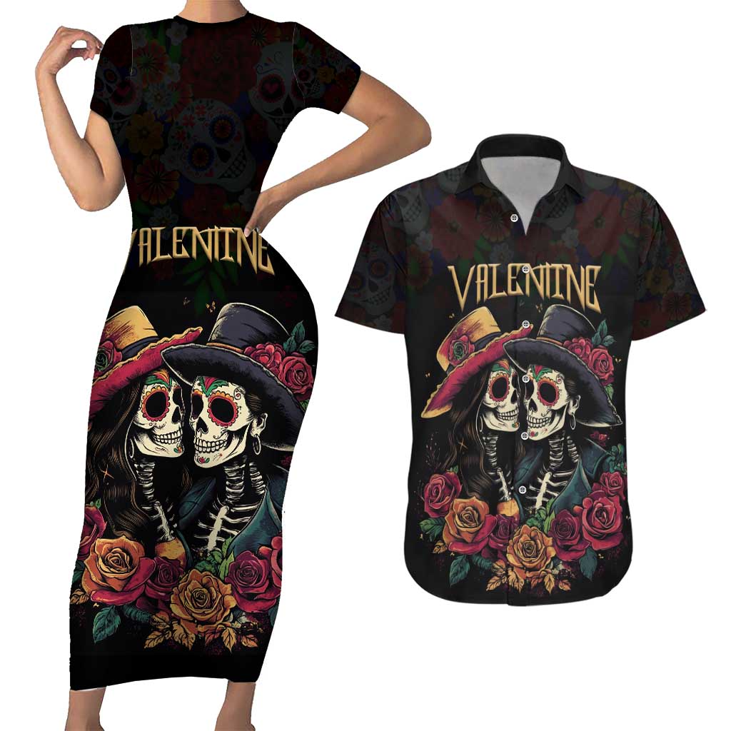 Personalised Sugar Skull Couple Valentine Couples Matching Short Sleeve Bodycon Dress and Hawaiian Shirt Roses Romantic Love