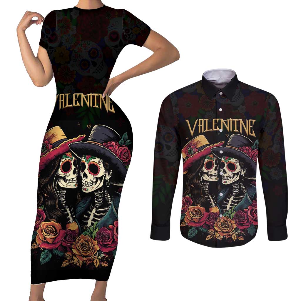 Personalised Sugar Skull Couple Valentine Couples Matching Short Sleeve Bodycon Dress and Long Sleeve Button Shirt Roses Romantic Love