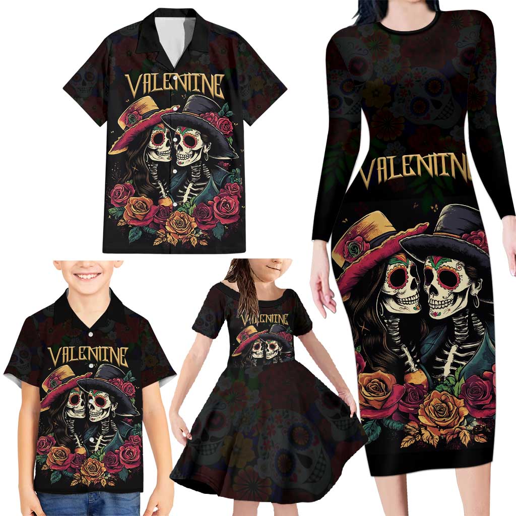 Personalised Sugar Skull Couple Valentine Family Matching Long Sleeve Bodycon Dress and Hawaiian Shirt Roses Romantic Love