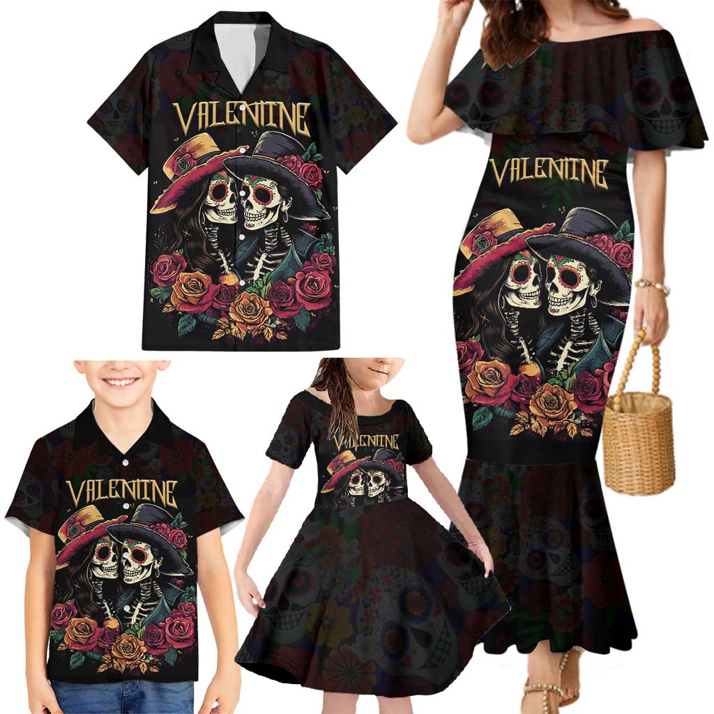 Personalised Sugar Skull Couple Valentine Family Matching Mermaid Dress and Hawaiian Shirt Roses Romantic Love