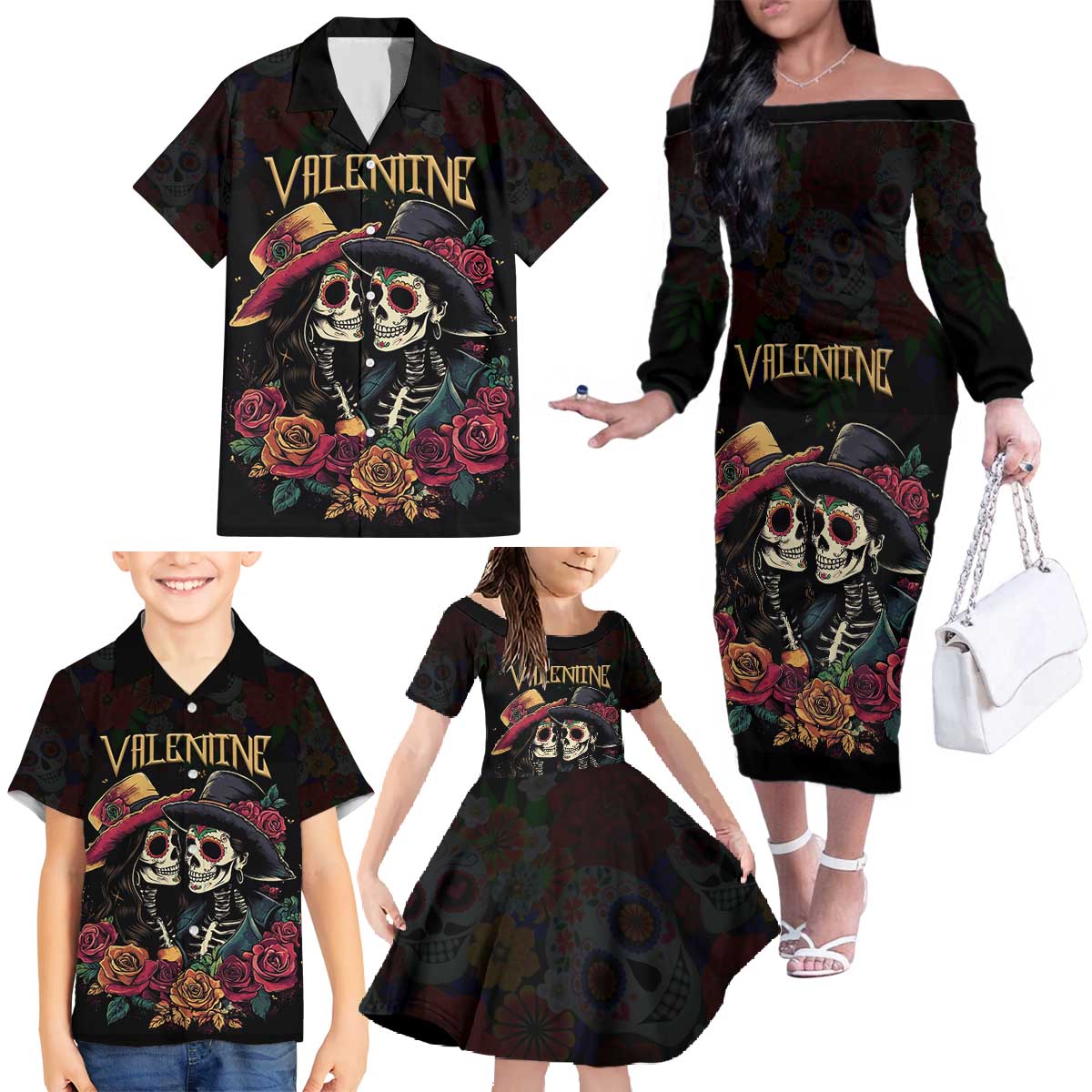 Personalised Sugar Skull Couple Valentine Family Matching Off The Shoulder Long Sleeve Dress and Hawaiian Shirt Roses Romantic Love