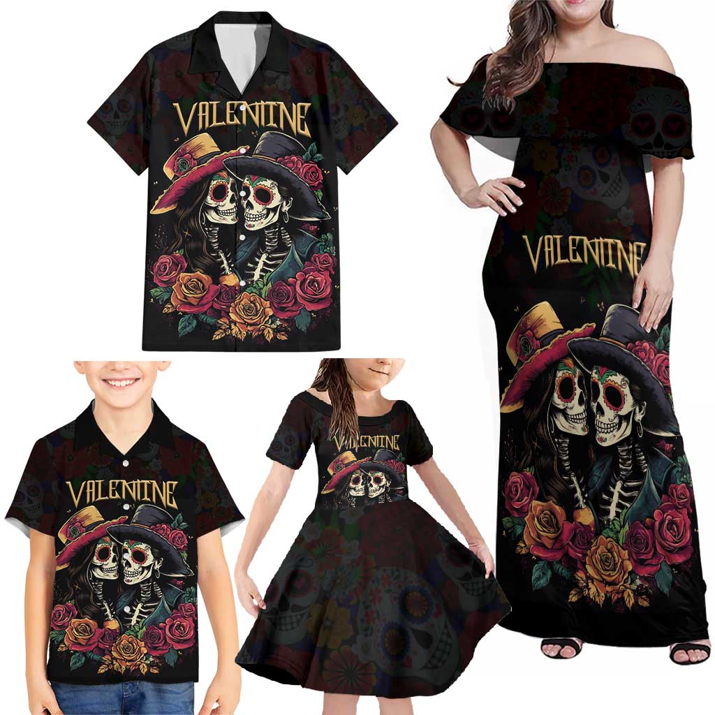 Personalised Sugar Skull Couple Valentine Family Matching Off Shoulder Maxi Dress and Hawaiian Shirt Roses Romantic Love