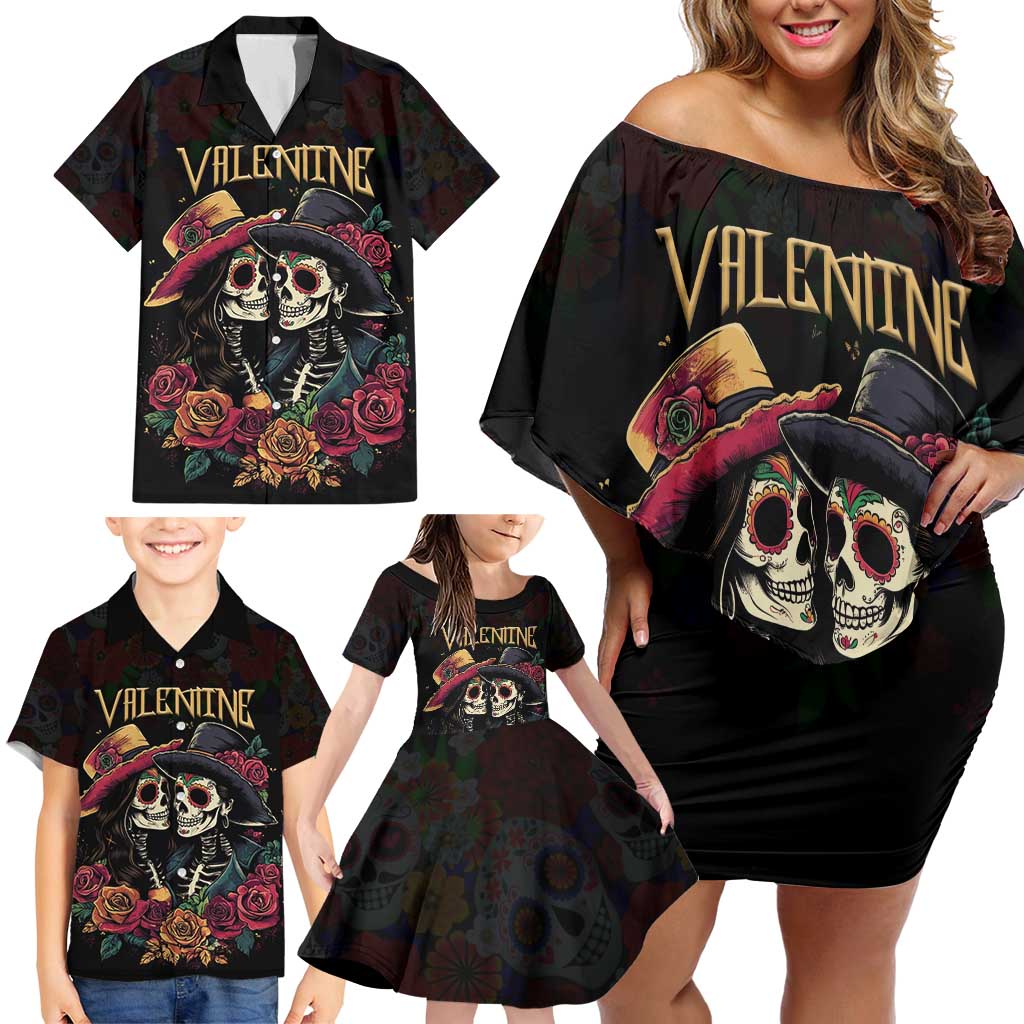 Personalised Sugar Skull Couple Valentine Family Matching Off Shoulder Short Dress and Hawaiian Shirt Roses Romantic Love