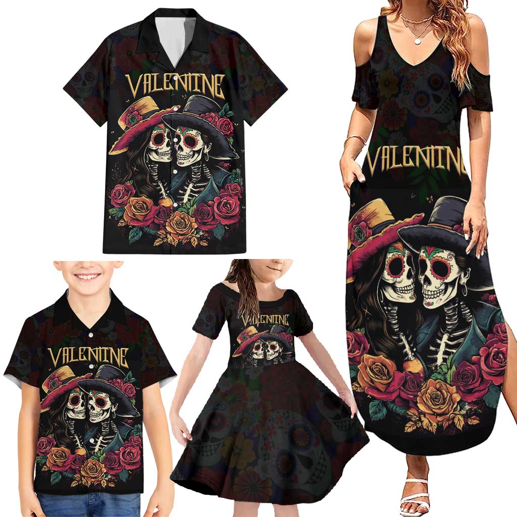 Personalised Sugar Skull Couple Valentine Family Matching Summer Maxi Dress and Hawaiian Shirt Roses Romantic Love