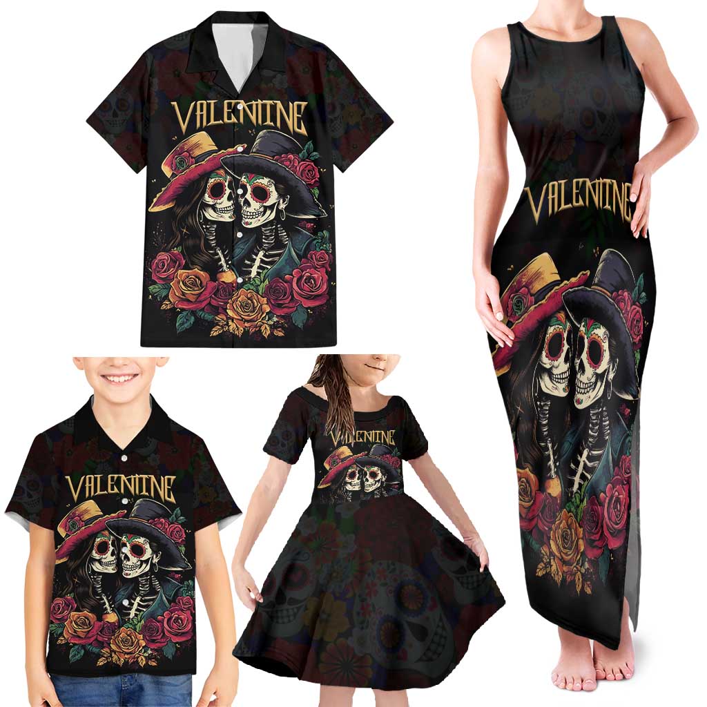 Personalised Sugar Skull Couple Valentine Family Matching Tank Maxi Dress and Hawaiian Shirt Roses Romantic Love