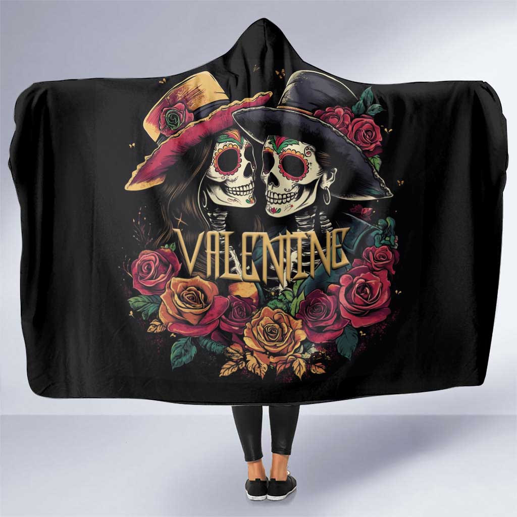 Sugar Skull Couple Valentine Hooded Blanket Roses Romantic Love