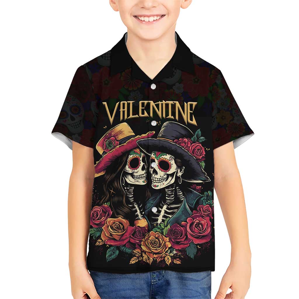 Personalised Sugar Skull Couple Valentine Kid Hawaiian Shirt Roses Romantic Love