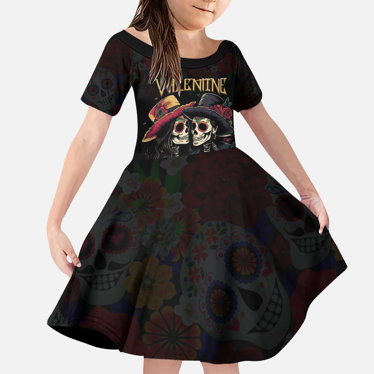 Personalised Sugar Skull Couple Valentine Kid Short Sleeve Dress Roses Romantic Love