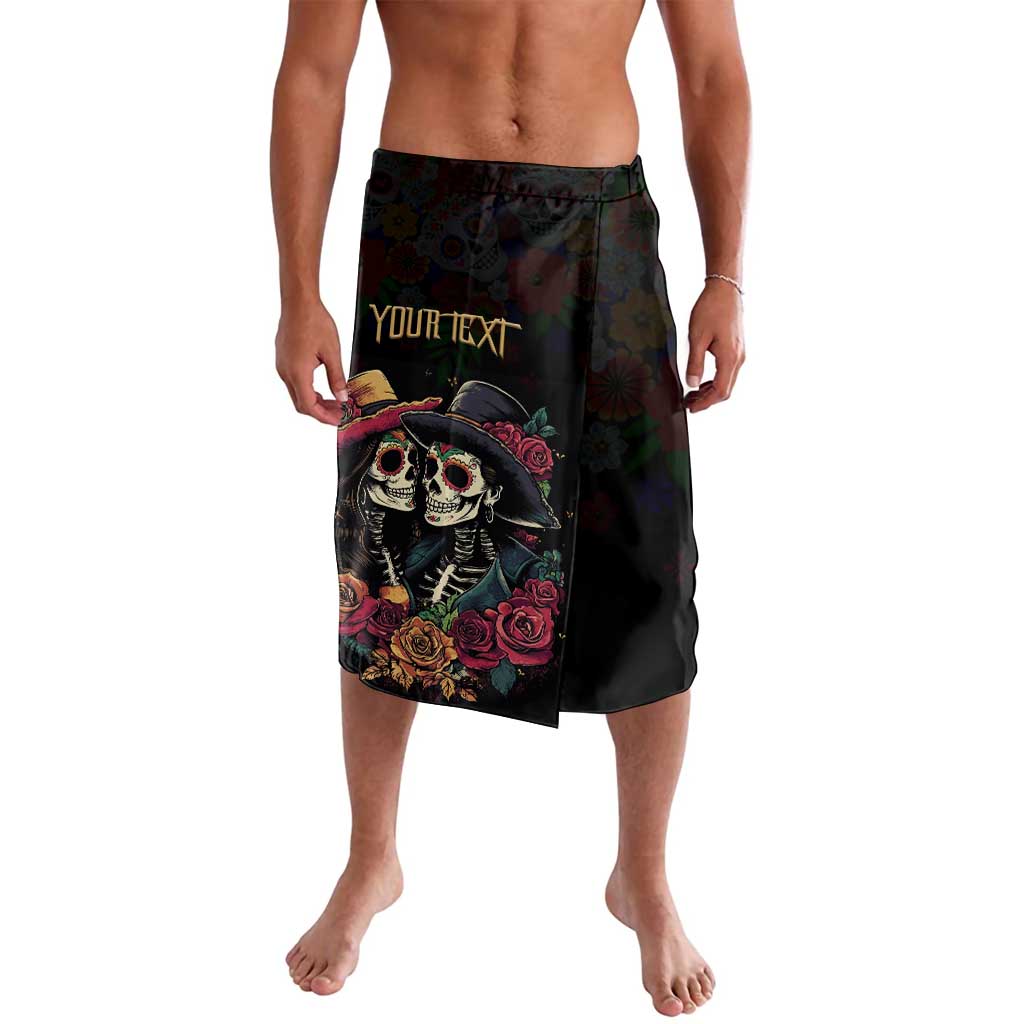 Black personalized shorts with sugar skull and rose print, "YOUR TEXT" on front