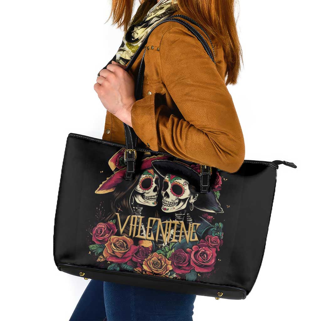 Sugar Skull Couple Valentine Leather Tote Bag Roses Romantic Love