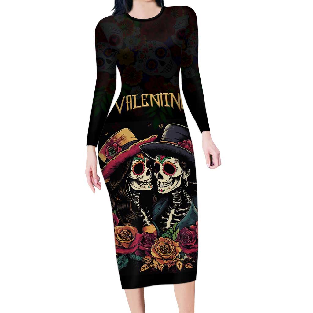 Personalised Sugar Skull Couple Valentine Long Sleeve Bodycon Dress Roses Romantic Love