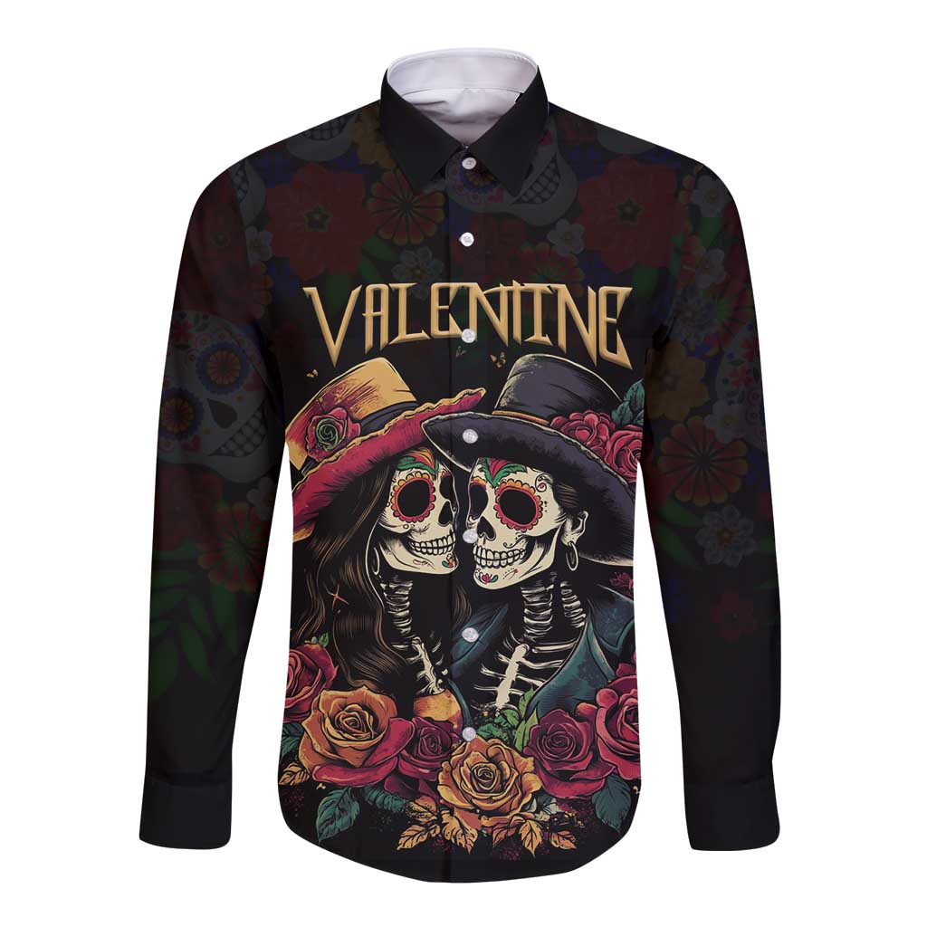 Personalised Sugar Skull Couple Valentine Long Sleeve Button Shirt Roses Romantic Love